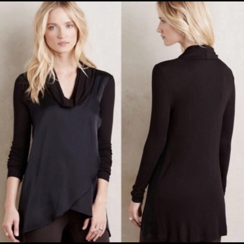 Anthropologie Deletta Cowl Neck Satin Ruffle Criss Cross Front Black Top Small
